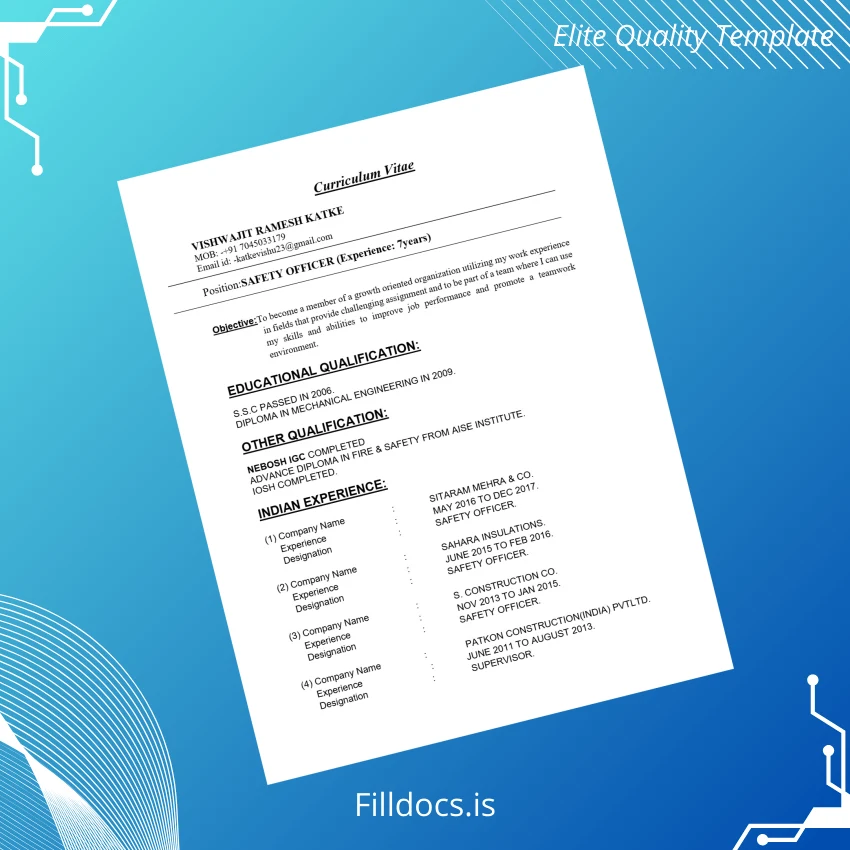 Fillable India Vishwajit Ramesh Katke Diploma in Mechanical Engineering Template Template Preview - FillDocs