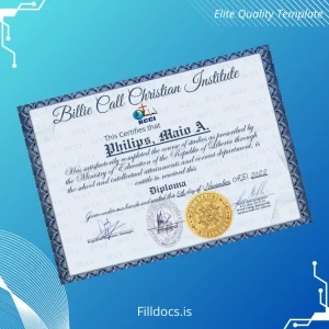 Fillable Liberia Billie Call Christian Institute Diploma Template Preview - FillDocs