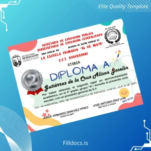 Fillable Mexico La Escuela Primaria _15 de Mayo_ 4th Grade Academic Achievement Award Template Template Preview - FillDocs