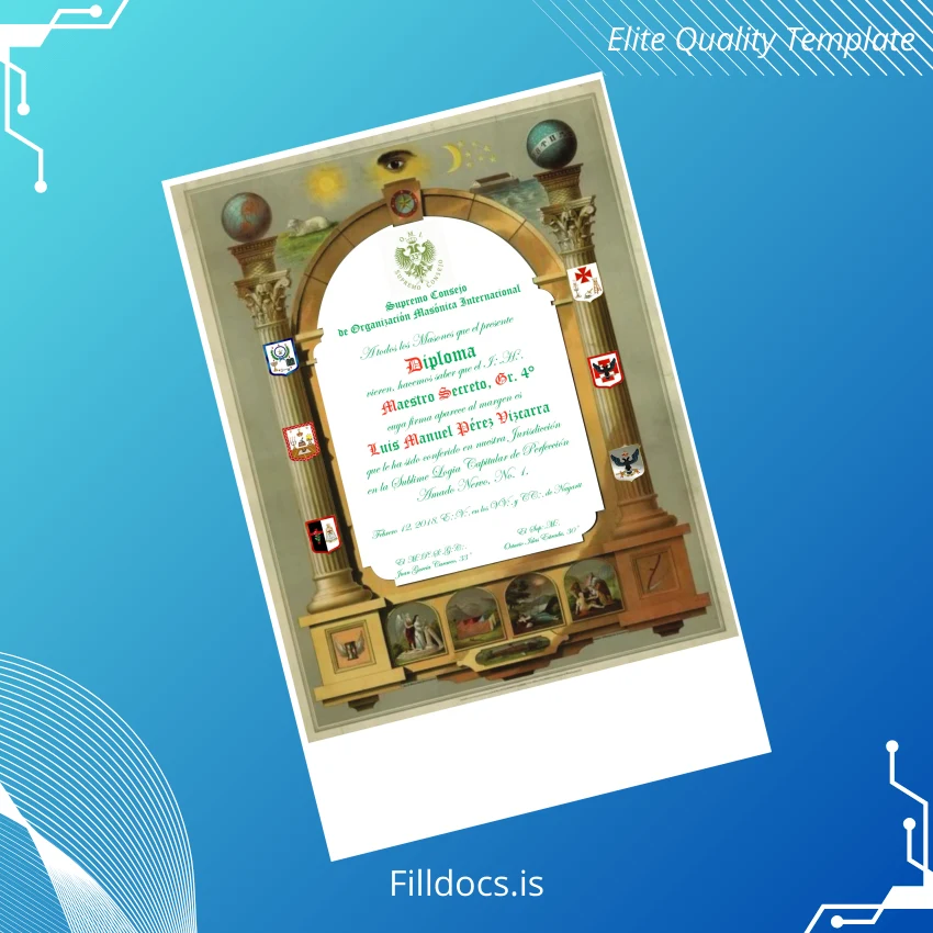 Fillable Mexico Supreme Council of International Masonic Organization Master Secret Degree 4 Certificate Template Preview - FillDocs