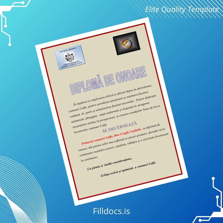 Fillable Moldova Calfa Community Honorary Diploma Template Preview - FillDocs