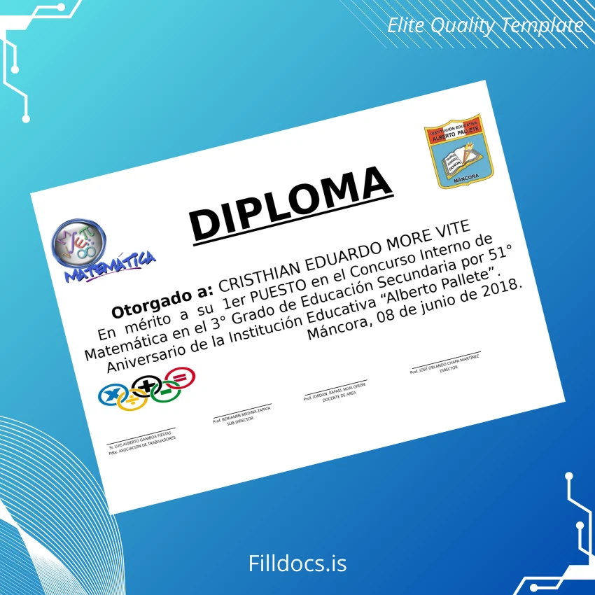 Fillable Peru Alberto Pallete Institution Diploma Template Preview - FillDocs