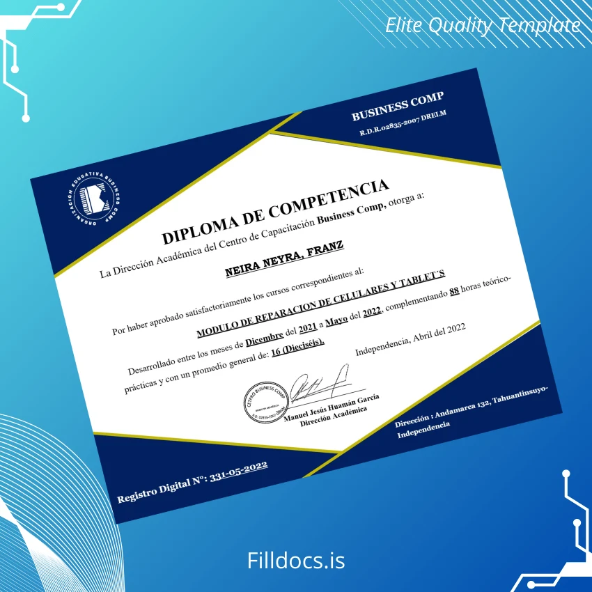 Fillable Peru Business Comp Diploma of Competence in Mobile Phone and Tablet Repair Template Preview - FillDocs