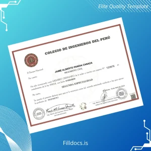 Fillable Peru Colegio de Ingenieros del Perú Ingeniero Civil Diploma Template Preview - FillDocs