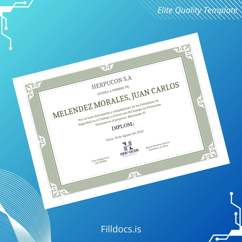 Fillable Peru HERPUCON S.A. Diploma Template Template Preview - FillDocs