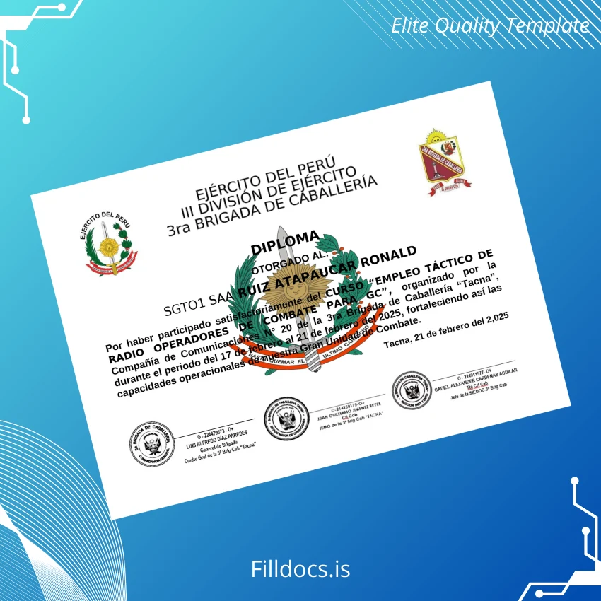 Fillable Peru III Division of the Army Tactical Employment Diploma for Combat Radio Operators Certificate Template Preview - FillDocs