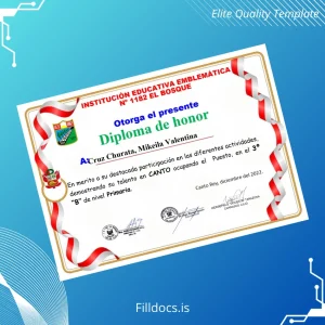 Fillable Peru Institutional Educational Emblematic No 1182 El Bosque Honor Diploma Template Preview - FillDocs