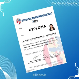 Fillable Peru Instituto Cultural Peruano Norteamericano Diploma in Basic and Intermediate English Courses Template Preview - FillDocs