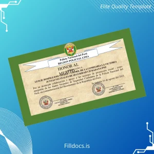 Fillable Peru National Police Recognition Diploma Awarded to Leslie Rospigliosi Tellez for Community Service Template Preview - FillDocs