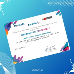 Fillable Peru PRONABEC Certificate of Recognition for Completion of Course Template Preview - FillDocs