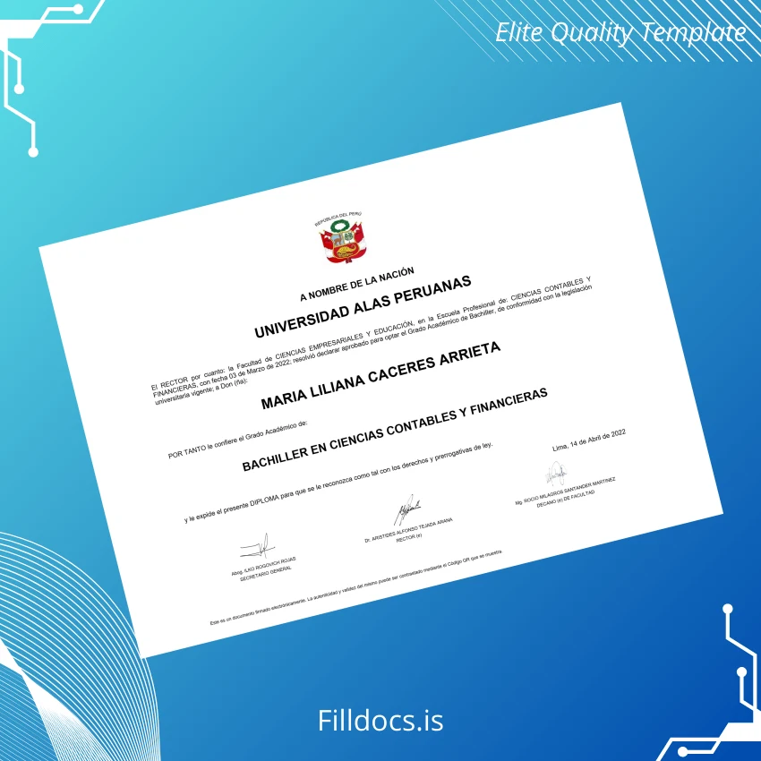 Fillable Peru Universidad Alas Peruanas Bachelor of Science in Accounting and Finance Degree Certificate Template Preview - FillDocs