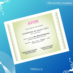 Fillable Philippines Avon Champion in Sales Certificate Template Template Preview - FillDocs