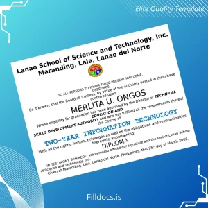 Fillable Philippines Lanao School of Science and Technology Inc Two-Year Information Technology Diploma Template Preview - FillDocs