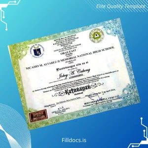 Fillable Philippines Nicasio M. Alvarez II Memorial National High School Junior High School Certificate Template Preview - FillDocs