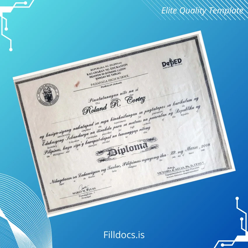 Fillable Philippines Padapada High School High School Diploma Template Template Preview - FillDocs