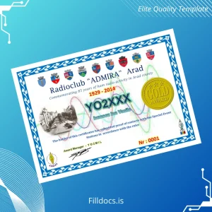 Fillable Romania Radioclub _ADMIRA_ Arad Gold Award Certificate Template Preview - FillDocs