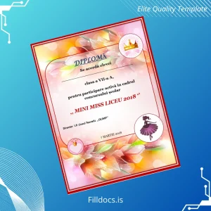 Fillable Romania School Diploma Mini Miss Certificate Template Preview - FillDocs