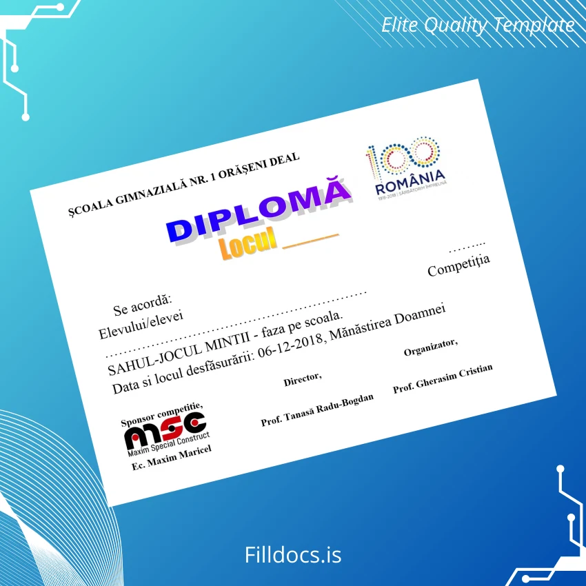 Fillable Romania School Diploma in Chess Competition Template Preview - FillDocs
