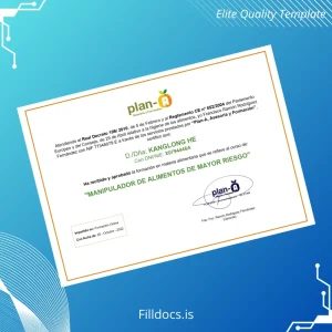 Fillable Spain Plan-A Food Handler Certificate Template Preview - FillDocs