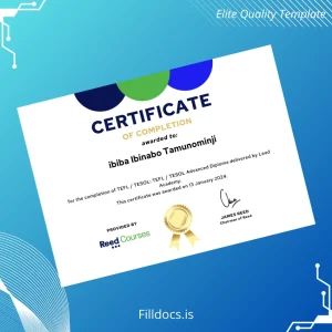 Fillable UK Lead Academy TEFL TESOL Advanced Diploma Certificate Template Preview - FillDocs