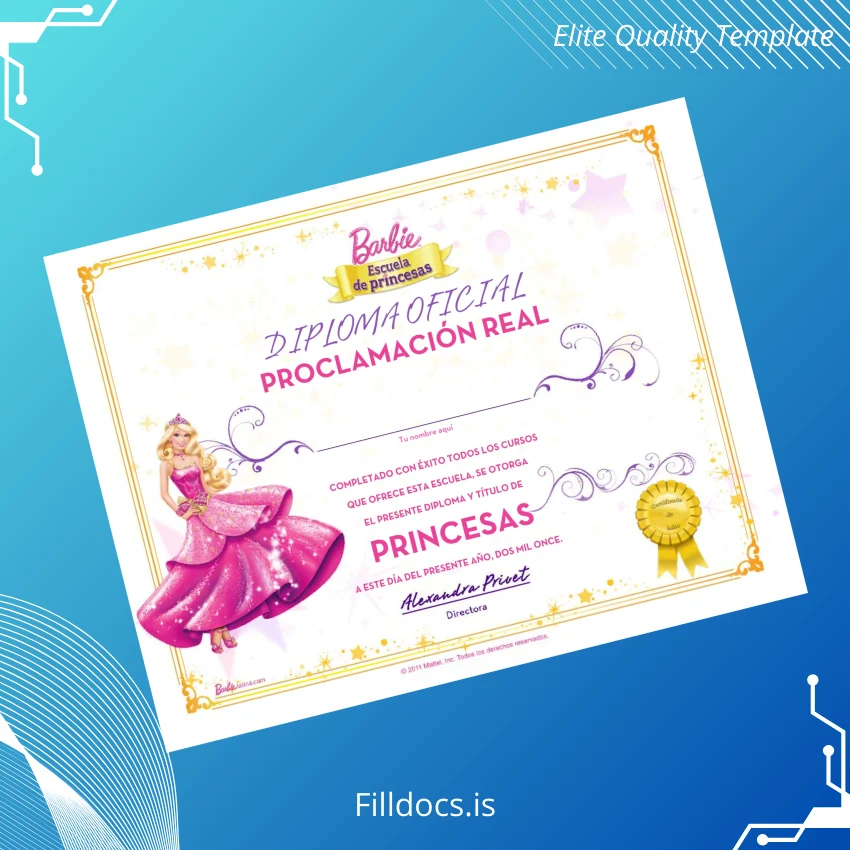 Fillable USA Barbie Princess School Official Diploma Template Template Preview - FillDocs