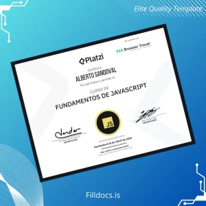 Fillable USA Platzi Fundamentals of JavaScript Certificate Template Preview - FillDocs