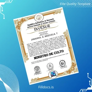Fillable Venezuela Instituto Venezolano de Estudios Superiores Minister of Worship Certificate Template Preview - FillDocs