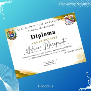 Fillable Venezuela Prof. Carlos Bermúdez High School Diploma Template Template Preview - FillDocs